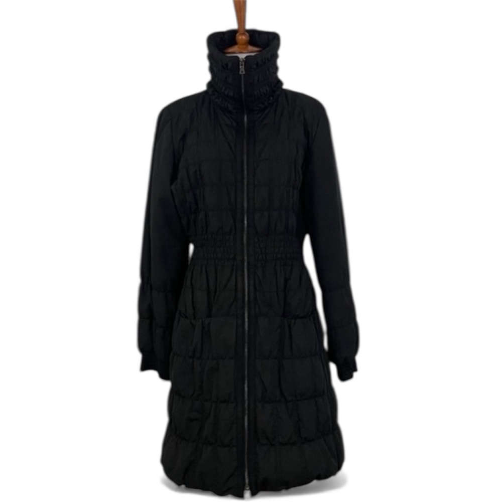Elie Tahari Black Thin Puffer Coat Women’s S Front Zip High Neck Mid‎ Thigh